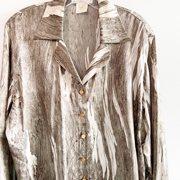 Escada Silk Blouse Taupe Cream Marble Print Button Up Shirt Top Size 44 14 - Picture 5 of 10
